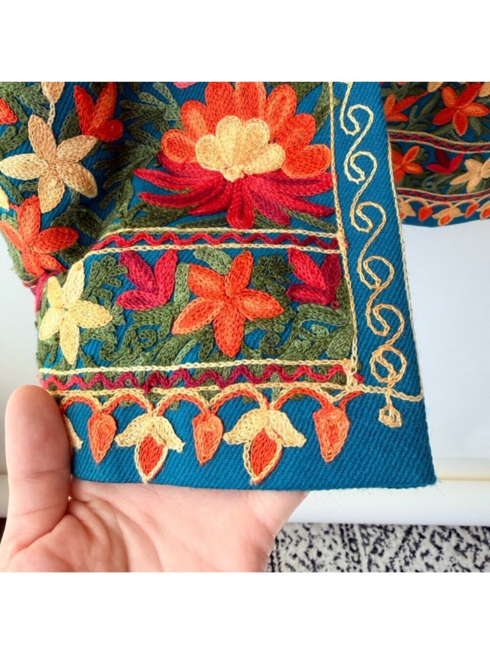 Kashmiri Embroidered Jacket Floral Aari Crewel Coat Boho Artisan Pashmina Style - Picture 4 of 8